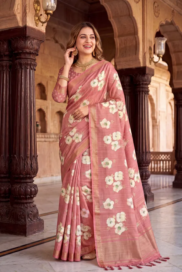 Soft_Tussar_Silk_Sarees_With_Beautiful_Digital_Print_With_Attractive_Checks_Design_Saree_And_Digital_Print_Blouse_With_Tassels
