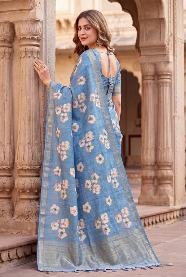 Soft_Tussar_Silk_Sarees_With_Beautiful_Digital_Print_With_Attractive_Checks_Design_Saree_And_Digital_Print_Blouse_With_Tassels