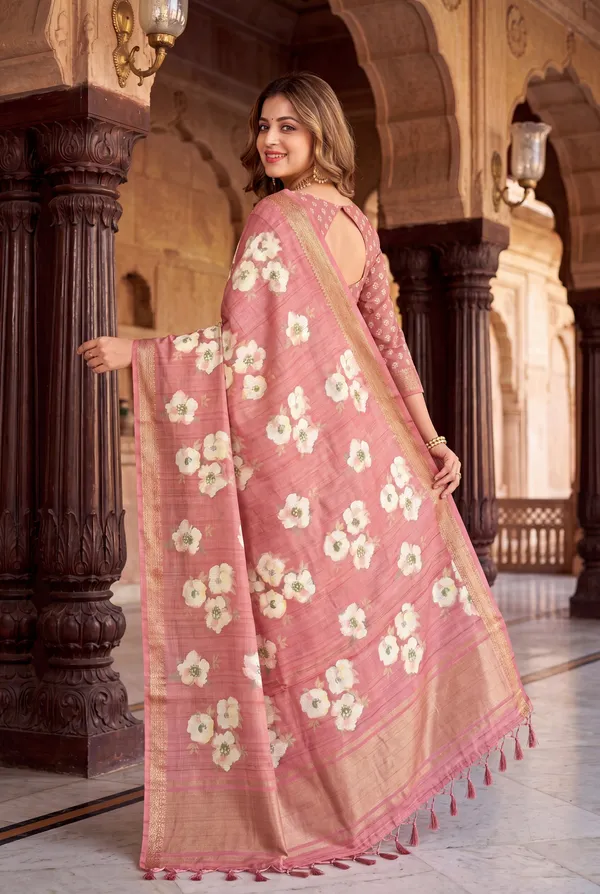 Soft_Tussar_Silk_Sarees_With_Beautiful_Digital_Print_With_Attractive_Checks_Design_Saree_And_Digital_Print_Blouse_With_Tassels