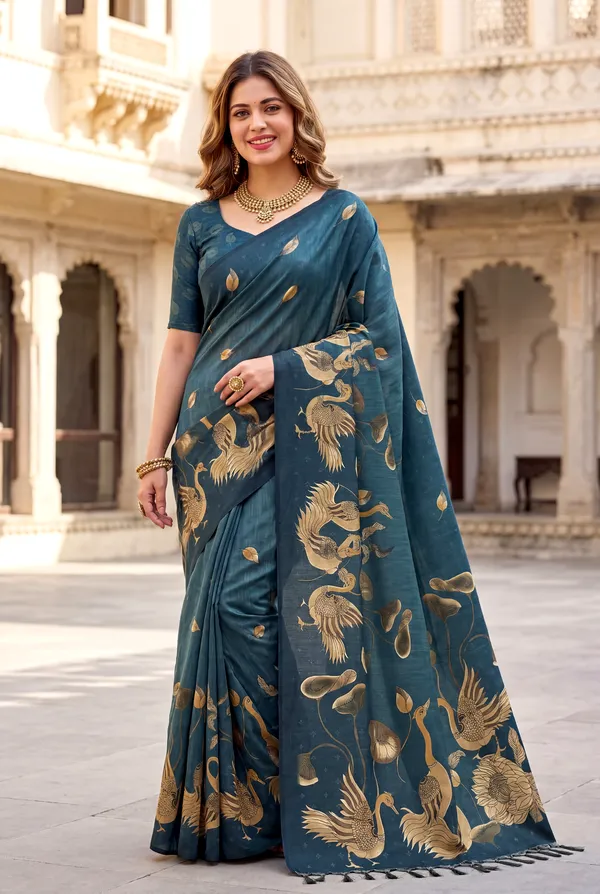 Soft_Tussar_Silk_Sarees_With_Beautiful_Digital_Print_With_Attractive_Jungle_Theme_Design_And_Digital_Print_Blouse_With_Tassels