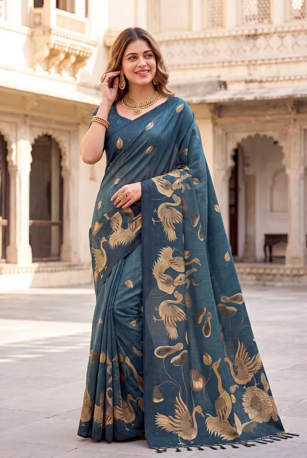 Soft_Tussar_Silk_Sarees_With_Beautiful_Digital_Print_With_Attractive_Jungle_Theme_Design_And_Digital_Print_Blouse_With_Tassels