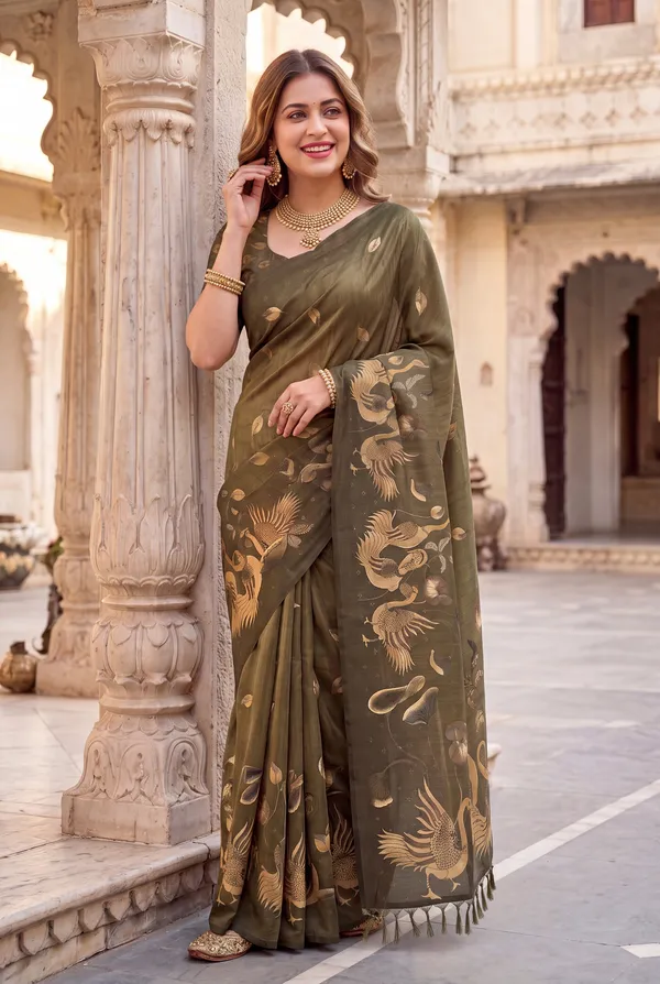 Soft_Tussar_Silk_Sarees_With_Beautiful_Digital_Print_With_Attractive_Jungle_Theme_Design_And_Digital_Print_Blouse_With_Tassels