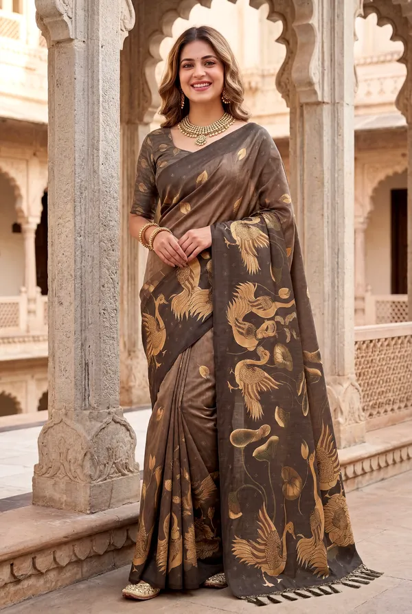 Soft_Tussar_Silk_Sarees_With_Beautiful_Digital_Print_With_Attractive_Jungle_Theme_Design_And_Digital_Print_Blouse_With_Tassels