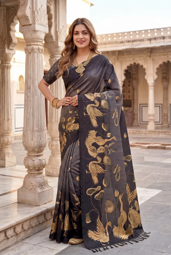 Soft_Tussar_Silk_Sarees_With_Beautiful_Digital_Print_With_Attractive_Jungle_Theme_Design_And_Digital_Print_Blouse_With_Tassels