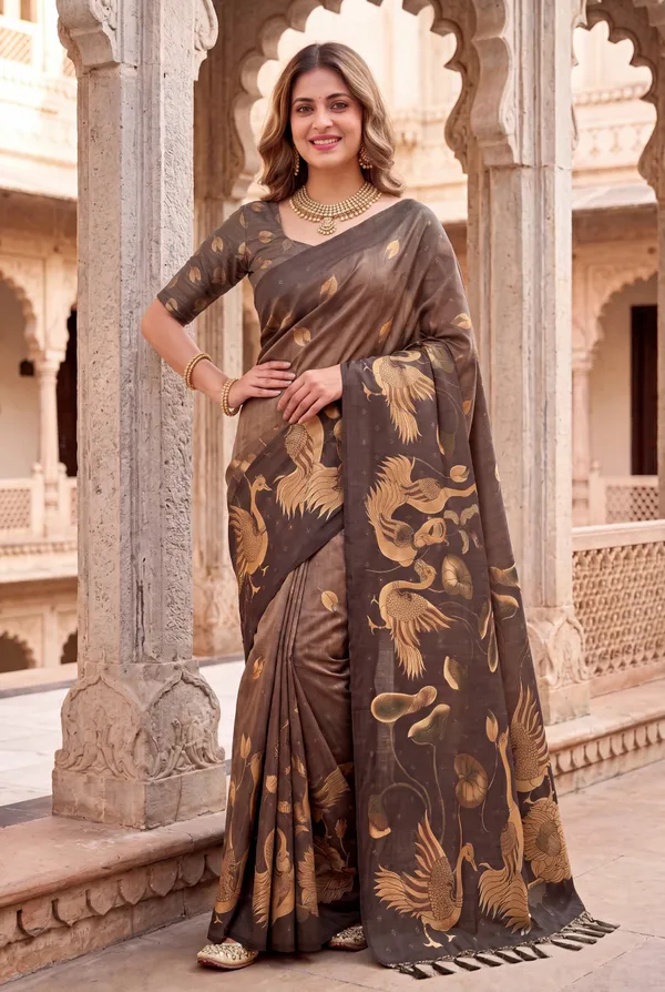 Soft_Tussar_Silk_Sarees_With_Beautiful_Digital_Print_With_Attractive_Jungle_Theme_Design_And_Digital_Print_Blouse_With_Tassels