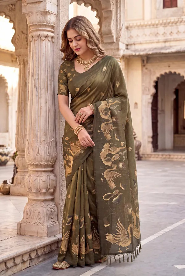 Soft_Tussar_Silk_Sarees_With_Beautiful_Digital_Print_With_Attractive_Jungle_Theme_Design_And_Digital_Print_Blouse_With_Tassels