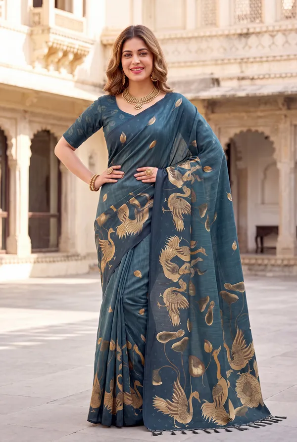 Soft_Tussar_Silk_Sarees_With_Beautiful_Digital_Print_With_Attractive_Jungle_Theme_Design_And_Digital_Print_Blouse_With_Tassels
