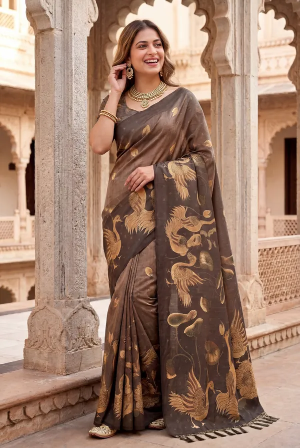 Soft_Tussar_Silk_Sarees_With_Beautiful_Digital_Print_With_Attractive_Jungle_Theme_Design_And_Digital_Print_Blouse_With_Tassels