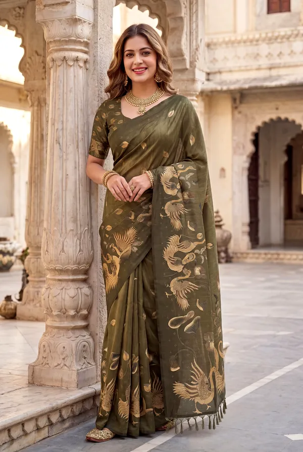 Soft_Tussar_Silk_Sarees_With_Beautiful_Digital_Print_With_Attractive_Jungle_Theme_Design_And_Digital_Print_Blouse_With_Tassels