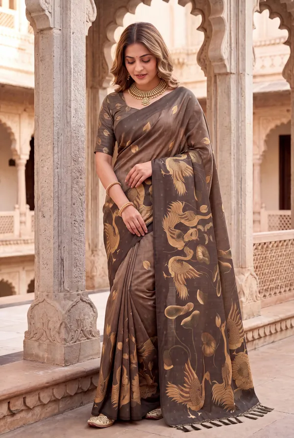 Soft_Tussar_Silk_Sarees_With_Beautiful_Digital_Print_With_Attractive_Jungle_Theme_Design_And_Digital_Print_Blouse_With_Tassels