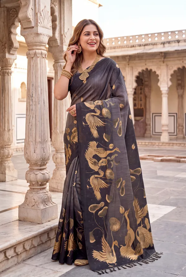 Soft_Tussar_Silk_Sarees_With_Beautiful_Digital_Print_With_Attractive_Jungle_Theme_Design_And_Digital_Print_Blouse_With_Tassels