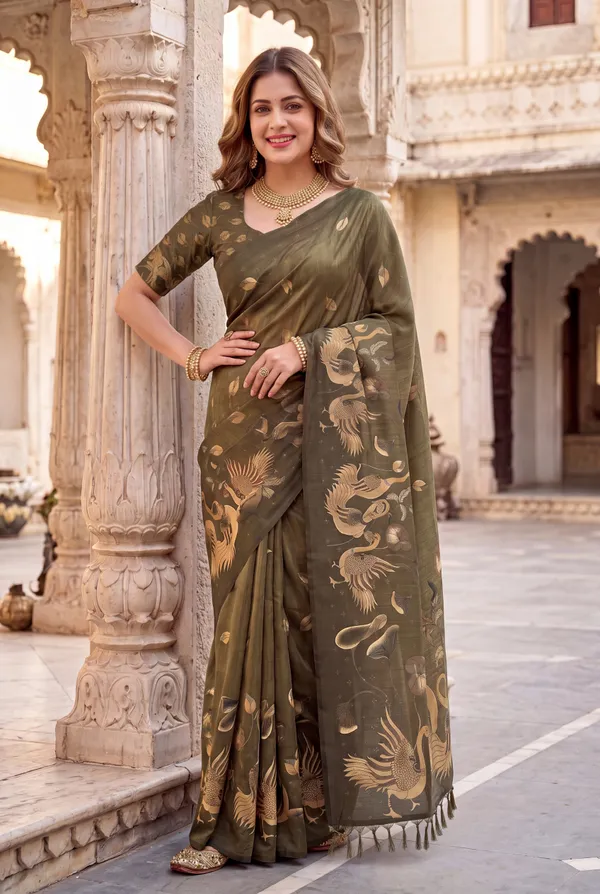 Soft_Tussar_Silk_Sarees_With_Beautiful_Digital_Print_With_Attractive_Jungle_Theme_Design_And_Digital_Print_Blouse_With_Tassels