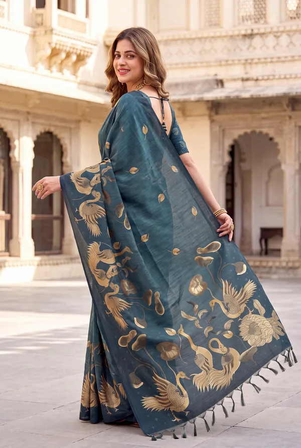 Soft_Tussar_Silk_Sarees_With_Beautiful_Digital_Print_With_Attractive_Jungle_Theme_Design_And_Digital_Print_Blouse_With_Tassels