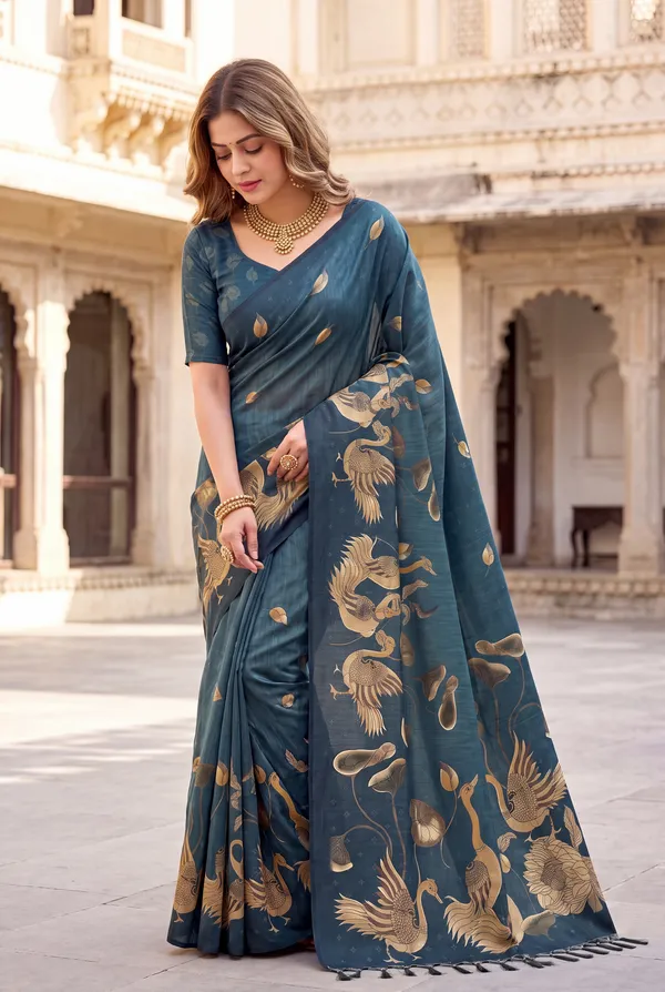 Soft_Tussar_Silk_Sarees_With_Beautiful_Digital_Print_With_Attractive_Jungle_Theme_Design_And_Digital_Print_Blouse_With_Tassels