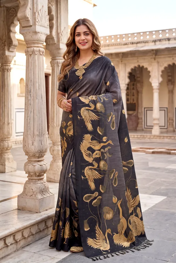 Soft_Tussar_Silk_Sarees_With_Beautiful_Digital_Print_With_Attractive_Jungle_Theme_Design_And_Digital_Print_Blouse_With_Tassels