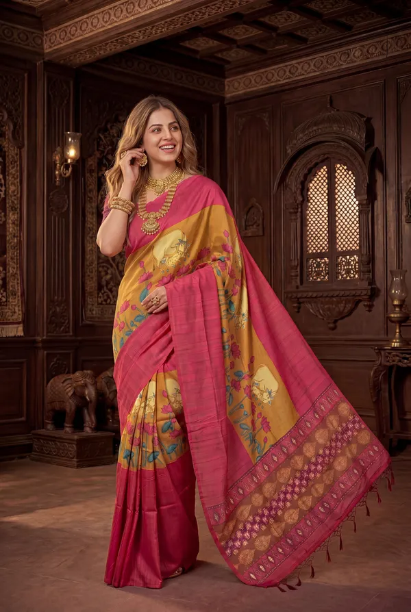 Soft_Desi_Tussar_Silk_sarees_with_Beautiful_Digital_Print_With_Attractive_Border_And_Contrast_Print_Blouse_With_Tassels