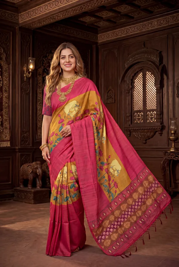 Soft_Desi_Tussar_Silk_sarees_with_Beautiful_Digital_Print_With_Attractive_Border_And_Contrast_Print_Blouse_With_Tassels