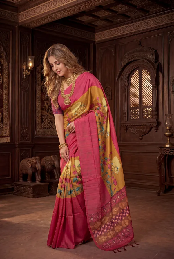 Soft_Desi_Tussar_Silk_sarees_with_Beautiful_Digital_Print_With_Attractive_Border_And_Contrast_Print_Blouse_With_Tassels