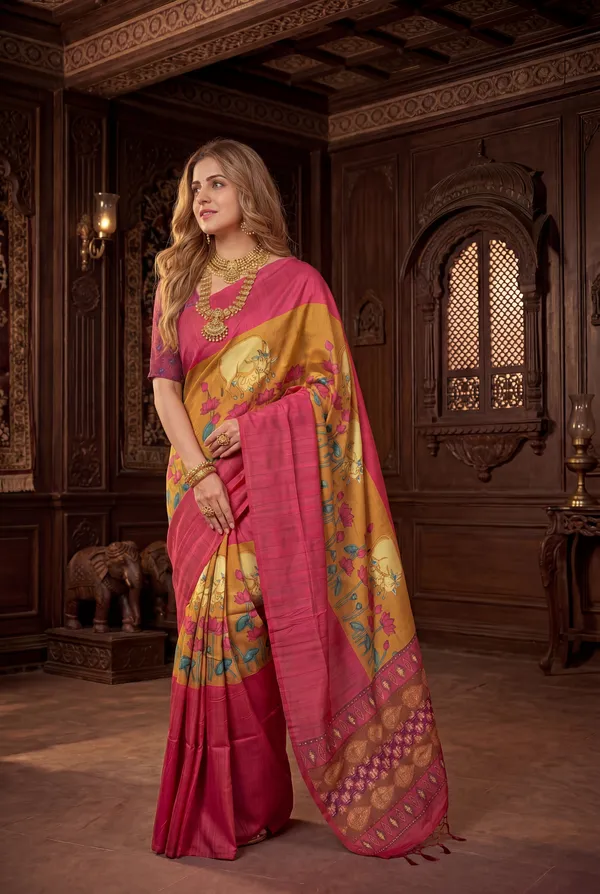 Soft_Desi_Tussar_Silk_sarees_with_Beautiful_Digital_Print_With_Attractive_Border_And_Contrast_Print_Blouse_With_Tassels