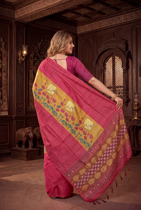Soft_Desi_Tussar_Silk_sarees_with_Beautiful_Digital_Print_With_Attractive_Border_And_Contrast_Print_Blouse_With_Tassels