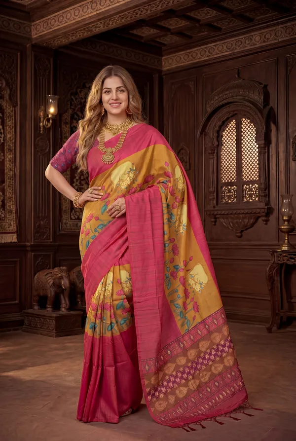 Soft_Desi_Tussar_Silk_sarees_with_Beautiful_Digital_Print_With_Attractive_Border_And_Contrast_Print_Blouse_With_Tassels