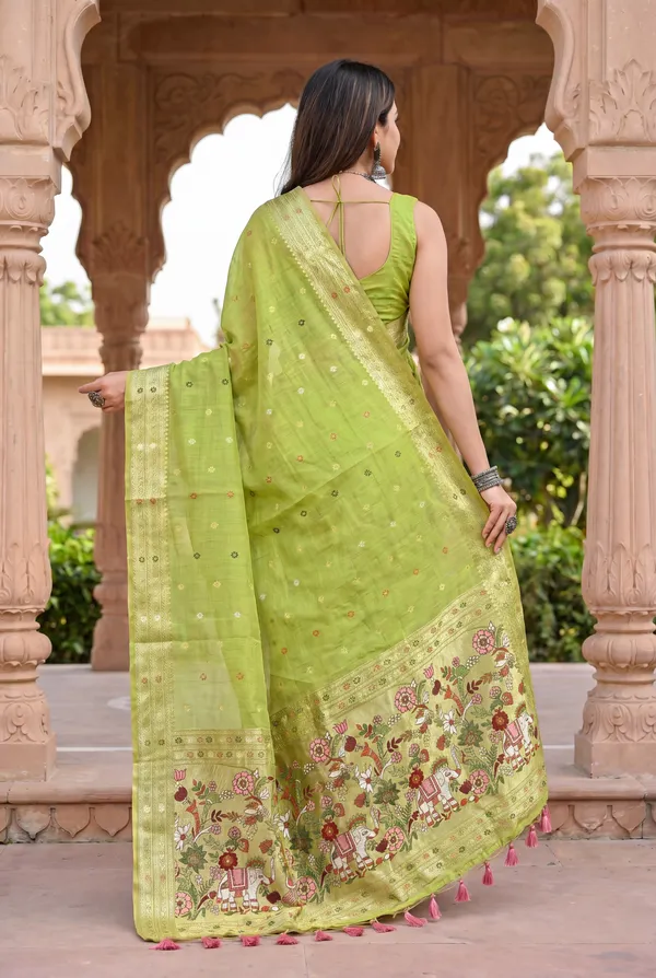 Premium_Soft_Muga_Cotton_Paithani_sarees_with_Beautiful_colourfull_3D_Woven_Elephant_Design_Pallu_With_Attractive_All_Over_Resham_Weaving_Butti_Design_With_Zari_Weaving_Border_And_Resham_Weaving_Butti_Blouse_With_Fancy_Tassels