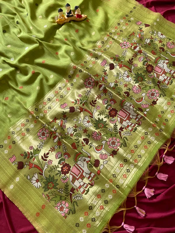 Premium_Soft_Muga_Cotton_Paithani_sarees_with_Beautiful_colourfull_3D_Woven_Elephant_Design_Pallu_With_Attractive_All_Over_Resham_Weaving_Butti_Design_With_Zari_Weaving_Border_And_Resham_Weaving_Butti_Blouse_With_Fancy_Tassels