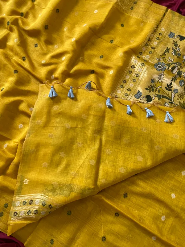 Premium_Soft_Muga_Cotton_Paithani_sarees_with_Beautiful_colourfull_3D_Woven_Elephant_Design_Pallu_With_Attractive_All_Over_Resham_Weaving_Butti_Design_With_Zari_Weaving_Border_And_Resham_Weaving_Butti_Blouse_With_Fancy_Tassels