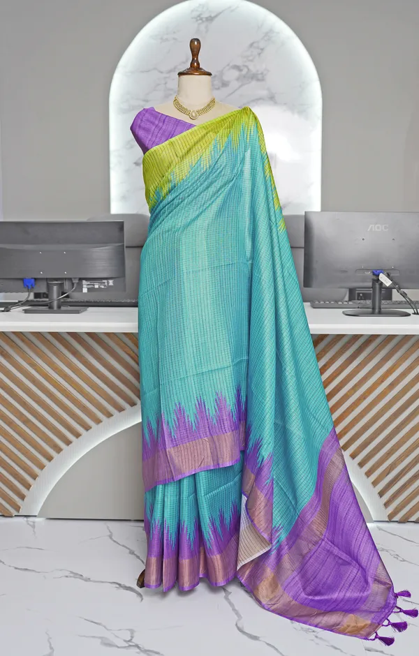 Soft_Tussar_Silk_sarees_with_Beautiful_Digital_Print_With_Attractive_Checks_Design_Saree_And_Digital_Print_Blouse_With_Tassels