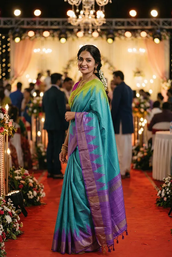 Soft_Tussar_Silk_sarees_with_Beautiful_Digital_Print_With_Attractive_Checks_Design_Saree_And_Digital_Print_Blouse_With_Tassels