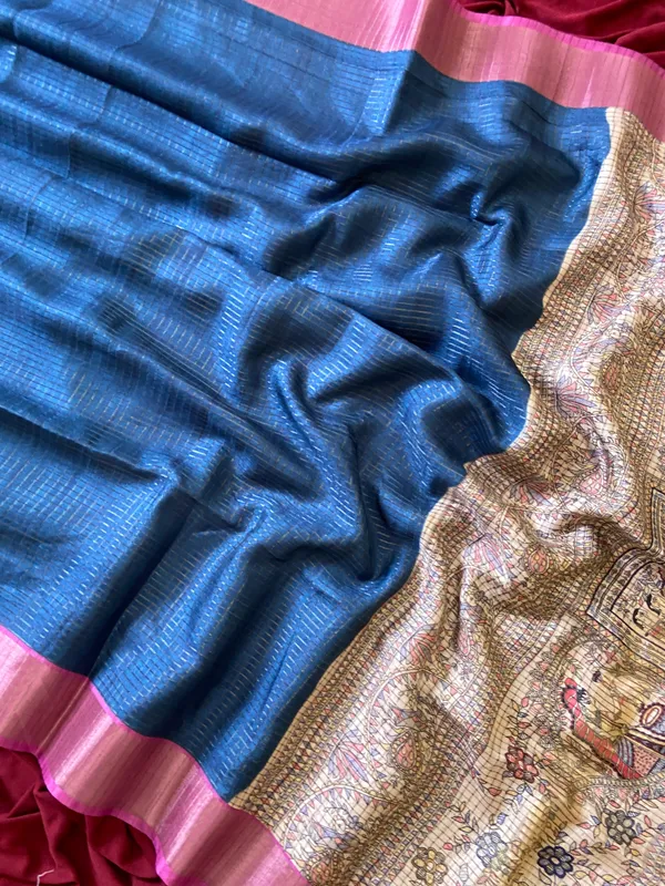 Soft_Tussar_Silk_sarees_with_Beautiful_Digital_Print_With_Attractive_Checks_Design_Saree_And_Digital_Print_Blouse_With_Tassels