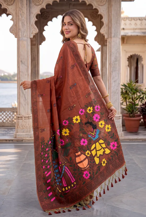 Premium_Soft_Muga_Cotton_sarees_with_Beautiful_?Colourfull_Resham_Weaving_Kalamkari_Design_Pallu_With_Attractive_All_Over_Resham_Weaving_Matka_Design_With_Resham_Weaving_Border_And_Resham_Weaving_Butti_Design_Blouse_With_Fancy_Tassels