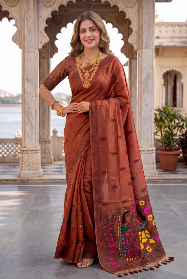 Premium_Soft_Muga_Cotton_sarees_with_Beautiful_?Colourfull_Resham_Weaving_Kalamkari_Design_Pallu_With_Attractive_All_Over_Resham_Weaving_Matka_Design_With_Resham_Weaving_Border_And_Resham_Weaving_Butti_Design_Blouse_With_Fancy_Tassels