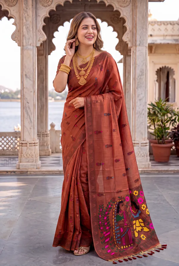 Premium_Soft_Muga_Cotton_sarees_with_Beautiful_?Colourfull_Resham_Weaving_Kalamkari_Design_Pallu_With_Attractive_All_Over_Resham_Weaving_Matka_Design_With_Resham_Weaving_Border_And_Resham_Weaving_Butti_Design_Blouse_With_Fancy_Tassels