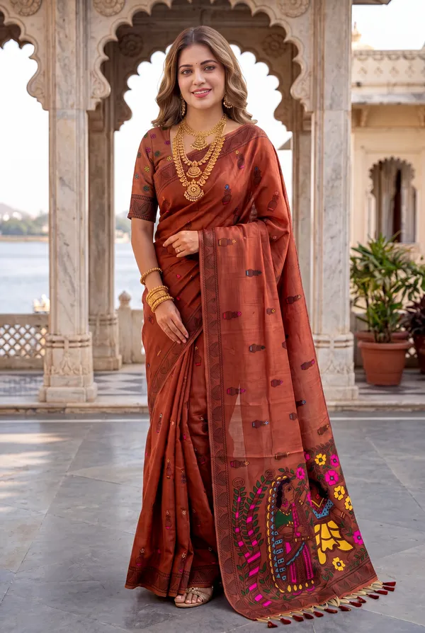 Premium_Soft_Muga_Cotton_sarees_with_Beautiful_?Colourfull_Resham_Weaving_Kalamkari_Design_Pallu_With_Attractive_All_Over_Resham_Weaving_Matka_Design_With_Resham_Weaving_Border_And_Resham_Weaving_Butti_Design_Blouse_With_Fancy_Tassels