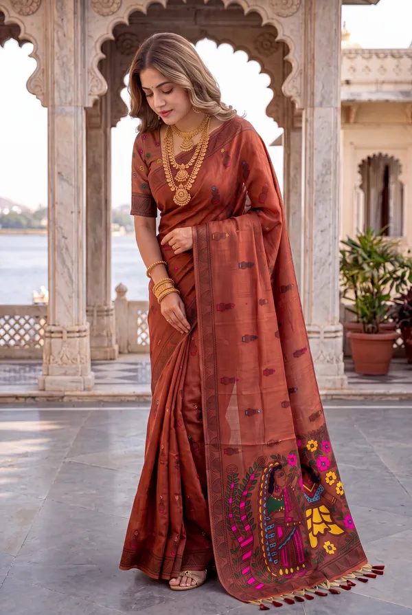 Premium_Soft_Muga_Cotton_sarees_with_Beautiful_?Colourfull_Resham_Weaving_Kalamkari_Design_Pallu_With_Attractive_All_Over_Resham_Weaving_Matka_Design_With_Resham_Weaving_Border_And_Resham_Weaving_Butti_Design_Blouse_With_Fancy_Tassels