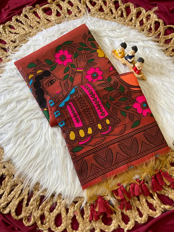 Premium_Soft_Muga_Cotton_sarees_with_Beautiful_?Colourfull_Resham_Weaving_Kalamkari_Design_Pallu_With_Attractive_All_Over_Resham_Weaving_Matka_Design_With_Resham_Weaving_Border_And_Resham_Weaving_Butti_Design_Blouse_With_Fancy_Tassels