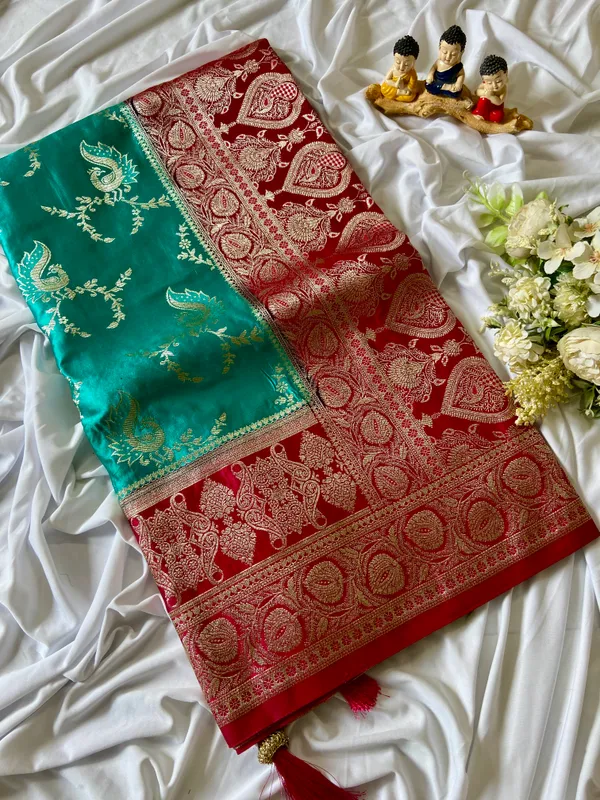 Banarasi_Pure_Satin_Silk_sarees_with_Beautiful_Peacock_in_Contrast_Pink-Rama_Shades_With_Attractive_Weaving_Gold_Zari_Design_And_Contrast_Blouse_With_Tassels