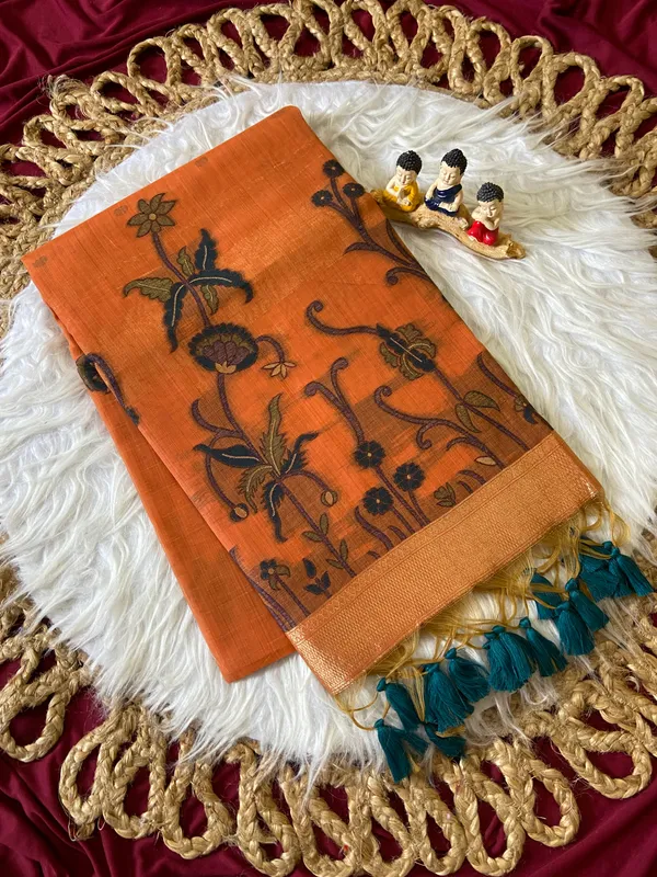 Premium_Soft_Muga_Cotton_sarees_with_Beautiful_Colourfull_Resham_Weaving__Flower_Design_Pallu_With_Attractive_Traditional_Zari_Weaving__With_All_Over__Resham_Weaving__And_Resham_Weaving_Butti_Blouse_With_Fancy_Tassels