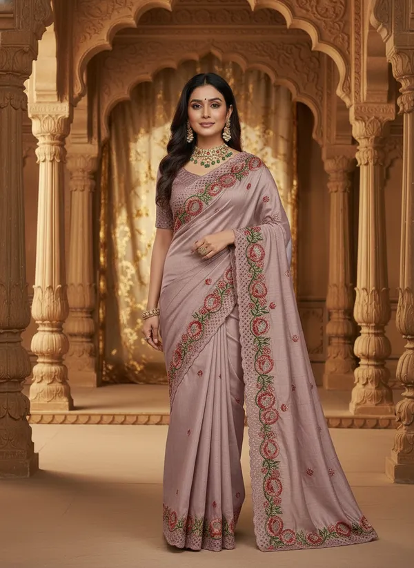 Heavy_Tussar_Silk_sarees_with_Beautiful_Embroidery_&_Sequence_Work_With_Attractive_Cutwork_Border_And_Heavy_Embroidery_&_Sequence_Work_Running_Blouse