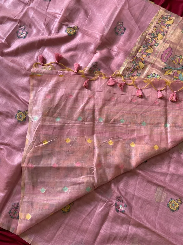 Premium_Soft_Muga_Cotton_Paithani_sarees_with_Beautiful_Weaving_Design_Featuring_Jungle_Theme_And_Swan_Motifs_Pallu_With_Attractive_All_Over_Resham_Weaving_Butti_Design_And_Resham_Weaving_Butti_Blouse_With_Fancy_Tassels