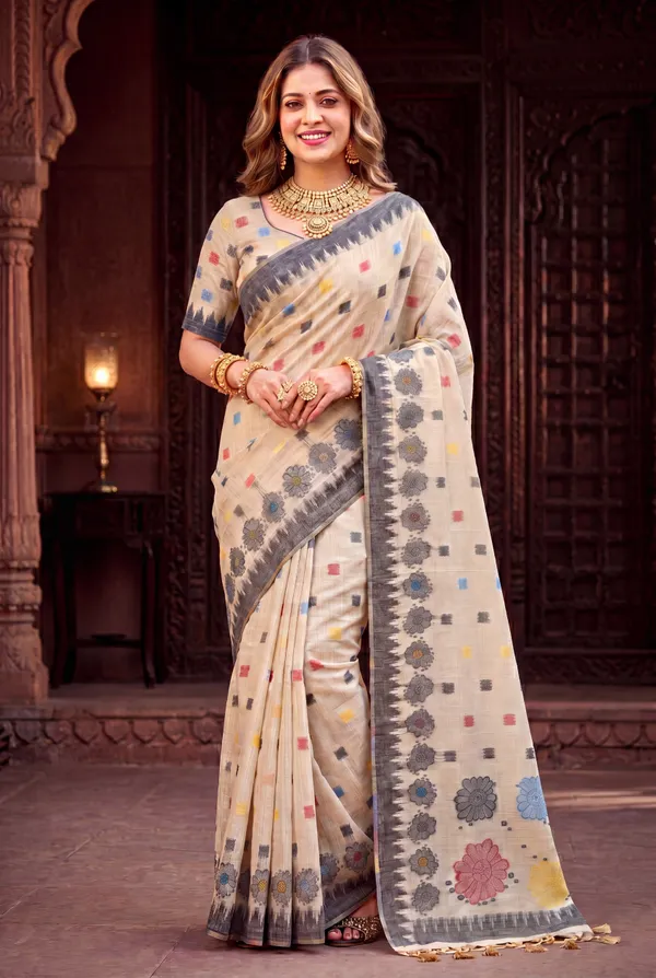 Premium_Soft_Muga_Cotton_sarees_with_Beautiful_Colourfull_3D_Woven_Flower_Design_Pallu_With_Attractive_All_Over_Resham_Weaving_Butti_Design_With_Resham_Weaving_Border_And_Resham_Weaving_Butti_Blouse_With_Fancy_Tassels