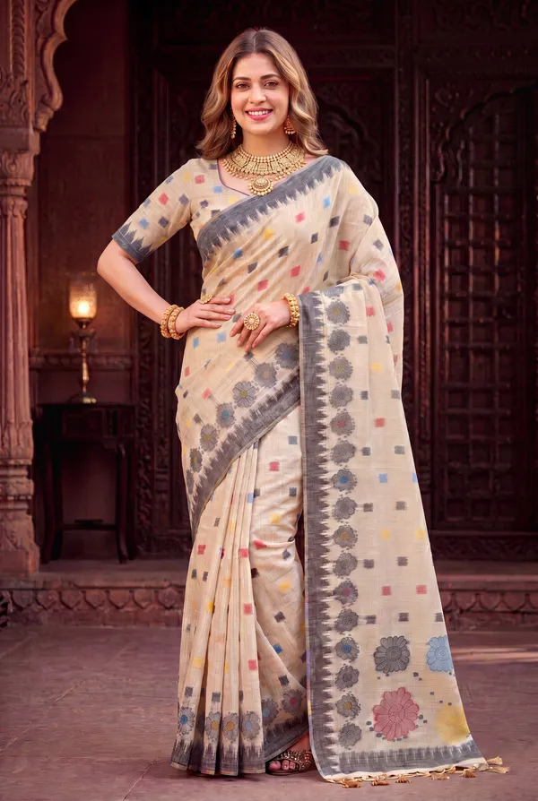 Premium_Soft_Muga_Cotton_sarees_with_Beautiful_Colourfull_3D_Woven_Flower_Design_Pallu_With_Attractive_All_Over_Resham_Weaving_Butti_Design_With_Resham_Weaving_Border_And_Resham_Weaving_Butti_Blouse_With_Fancy_Tassels