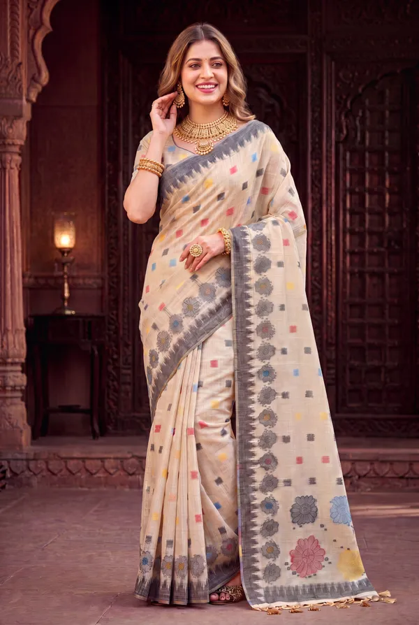 Premium_Soft_Muga_Cotton_sarees_with_Beautiful_Colourfull_3D_Woven_Flower_Design_Pallu_With_Attractive_All_Over_Resham_Weaving_Butti_Design_With_Resham_Weaving_Border_And_Resham_Weaving_Butti_Blouse_With_Fancy_Tassels