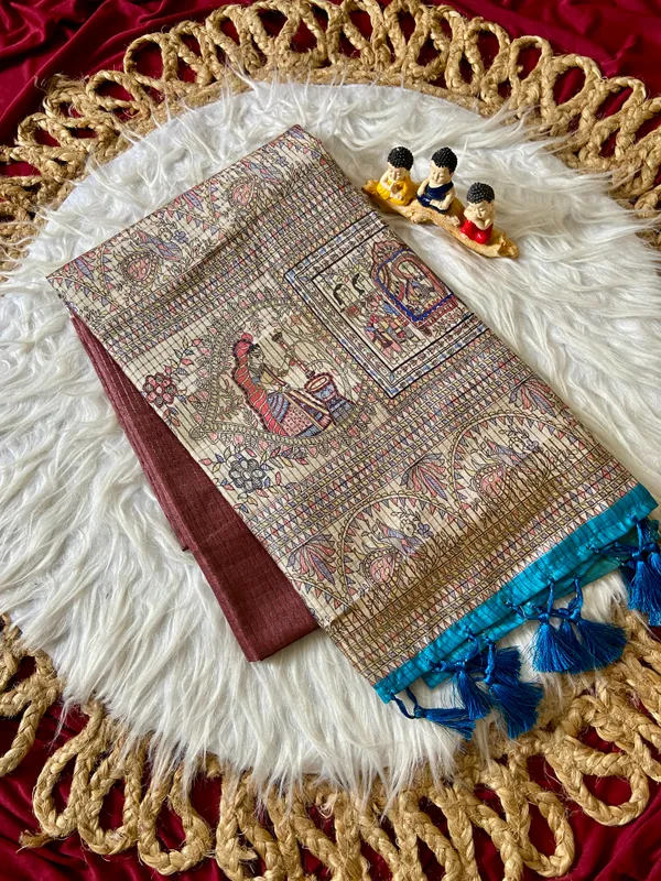 Soft_Tussar_Silk_sarees_with_Beautiful_Digital_Print_With_Attractive_Checks_Design_Saree_And_Digital_Print_Blouse_With_Tassels
