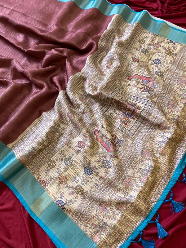 Soft_Tussar_Silk_sarees_with_Beautiful_Digital_Print_With_Attractive_Checks_Design_Saree_And_Digital_Print_Blouse_With_Tassels