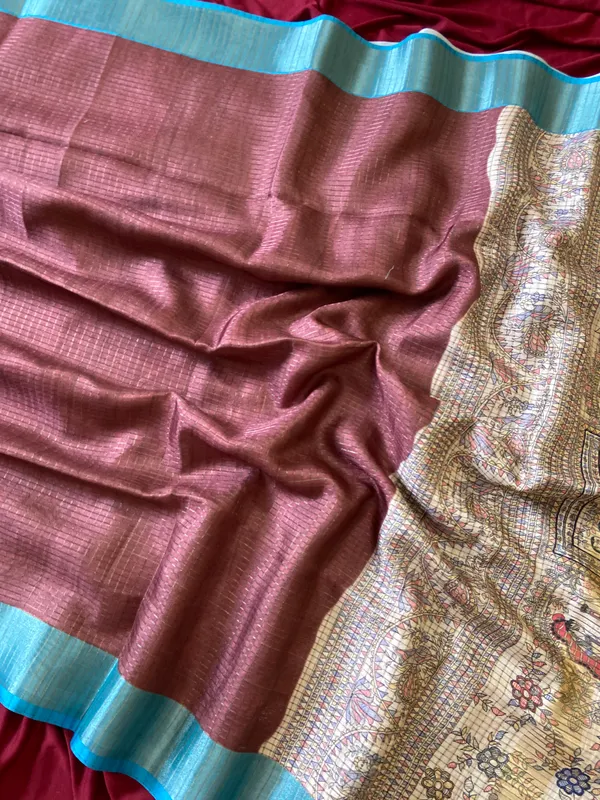 Soft_Tussar_Silk_sarees_with_Beautiful_Digital_Print_With_Attractive_Checks_Design_Saree_And_Digital_Print_Blouse_With_Tassels
