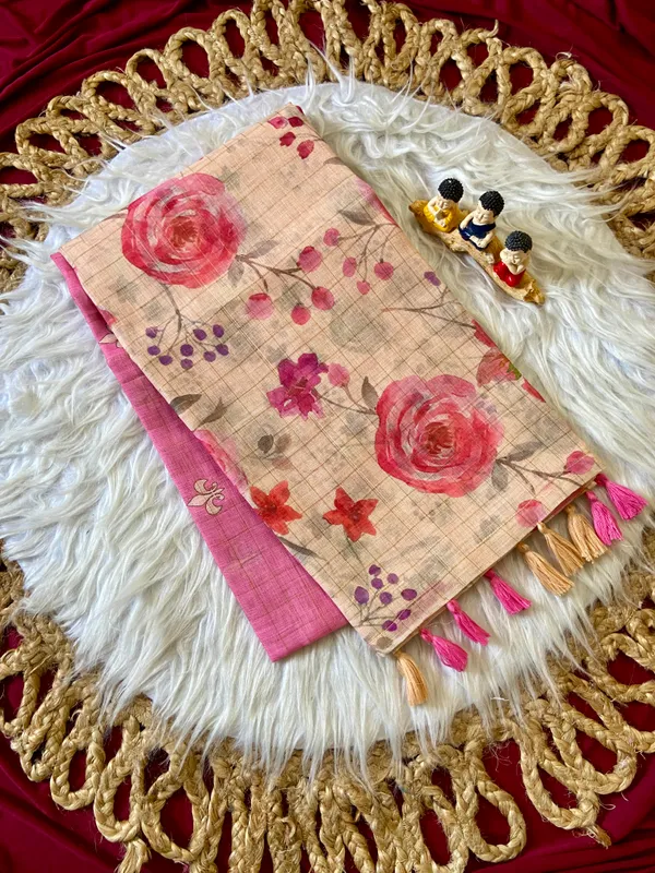 Soft_Premium_Linen_sarees_with_Beautiful_Print_With_Attractive_Checks_Design_Saree_With_Gold_Zari_Border_And_Print_Blouse_With_Tassels