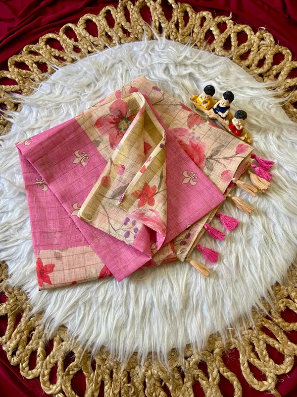 Soft_Premium_Linen_sarees_with_Beautiful_Print_With_Attractive_Checks_Design_Saree_With_Gold_Zari_Border_And_Print_Blouse_With_Tassels