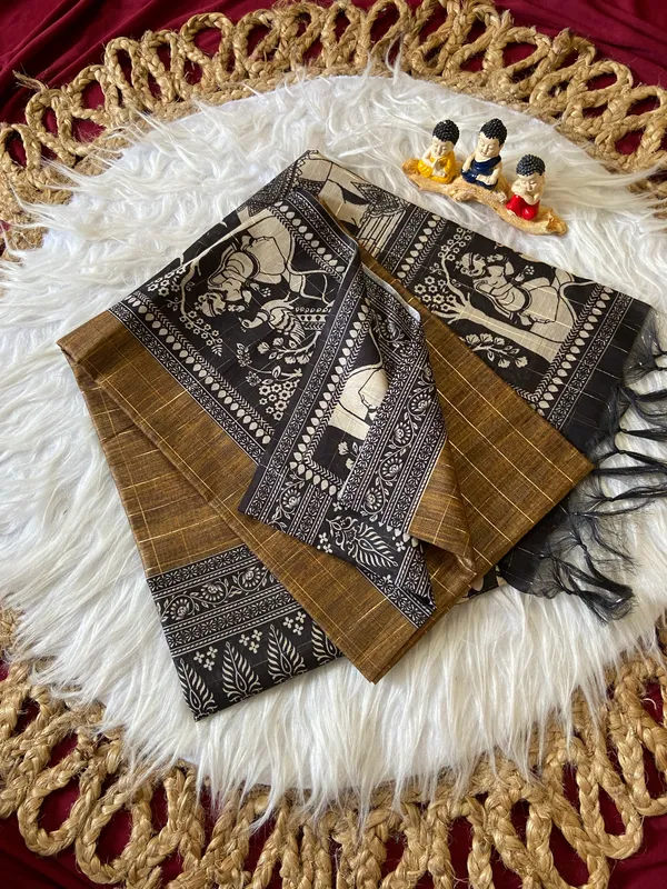 Soft_Semi_Tussar_Silk_sarees_with_Beautiful_Digital_Print_With_Attractive_Border_And_Contrast_Print_Blouse_With_Tassels